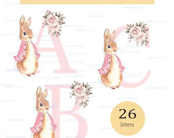 Peter Rabbit light pink alphabet clipart: set of 26 individual letters with roses PNG, watercolor floral sublimation design, monogram