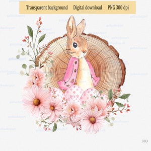 木の断面の背景に花のボーダーとイースターエッグが付いたピーターラビット、女の子向けの PNG デザイン、水彩画クリップアート