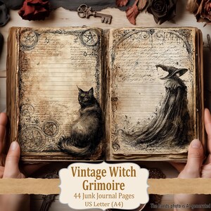 Vintage Witch Grimoire Junk Journal Pages: 44 Printable Gothic Spellbook Sheets, Dark Academia Halloween Paper Kit