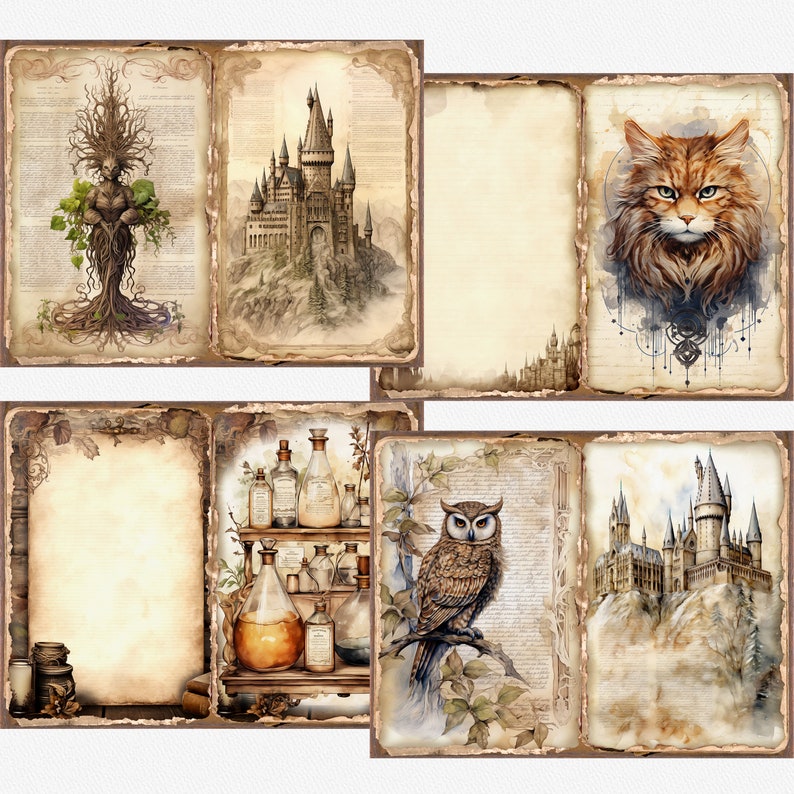 May include: A set of six vintage-style printable journal pages featuring illustrations of a magical castle, a cat, an owl, a potion shelf, and a tree spirit. The pages have a distressed, aged look with a parchment background.