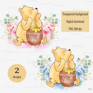 May include: Two digital illustrations of a yellow bear sitting beside a brown honey pot labeled HUNNY. One bear is framed by pink roses and green leaves, the other by blue roses and green leaves. Text includes Transparent background, Digital download, PNG 300 dpi, and 2 designs.