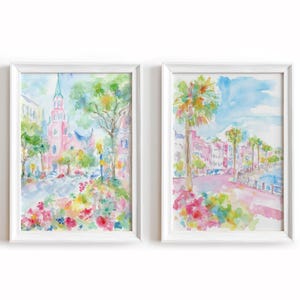 Charleston South Carolina Watercolor Wall Art: Pink Church & Palms Street Scene, Coastal Cityscape, Digital Painting Set for Home Décor