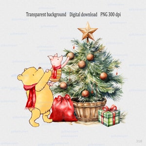 Diseño de sublimación clásico de Winnie the Pooh y Piglet con árbol de Navidad PNG: Clipart de acuarela de oso y cerdo con bufanda roja, Primera Navidad del bebé