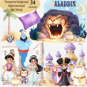 Aladdin & Jasmine Watercolor PNG Clipart: Arabian Night Characters; Palace, Genie Lamp, Tiger, Monkey, Evil Sorcerer, Sultan; Nursery Art