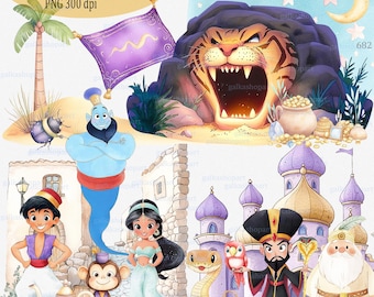 Aladdin & Jasmine Watercolor PNG Clipart: Arabian Night Characters; Palace, Genie Lamp, Tiger, Monkey, Evil Sorcerer, Sultan; Nursery Art