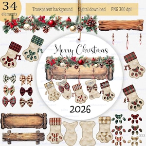 Puede incluir: Un conjunto gráfico digital de 34 elementos con temática navideña que incluye calcetines con forma de pata con puños a cuadros, letreros de madera, lazos y un adorno redondo con el texto Merry Christmas y 2026 con un estante de madera.