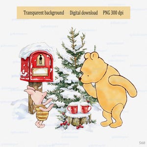Winnie the Pooh y Piglet clásicos junto a un pino, un buzón rojo y tazas de chocolate caliente: imágenes prediseñadas PNG para adornos navideños, tarjetas y ropa.