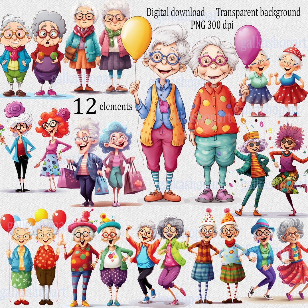 Funny Grandma Clipart Bundle PNG: Cute Senior Lady Characters, Colorful ...