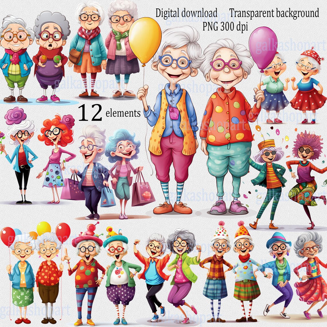 Funny Grandma Clipart Bundle PNG: Cute Senior Lady Characters, Colorful ...