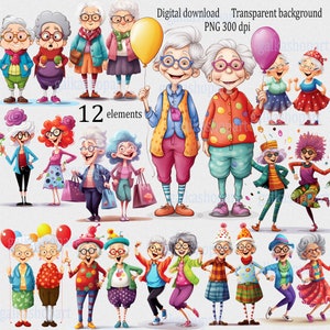 Set of 12 sublimation designs of Funny couple Old Ladies PNG: Cute cartoon grandmother, Cheerful Granny, Grandma with balloon, Women clipart