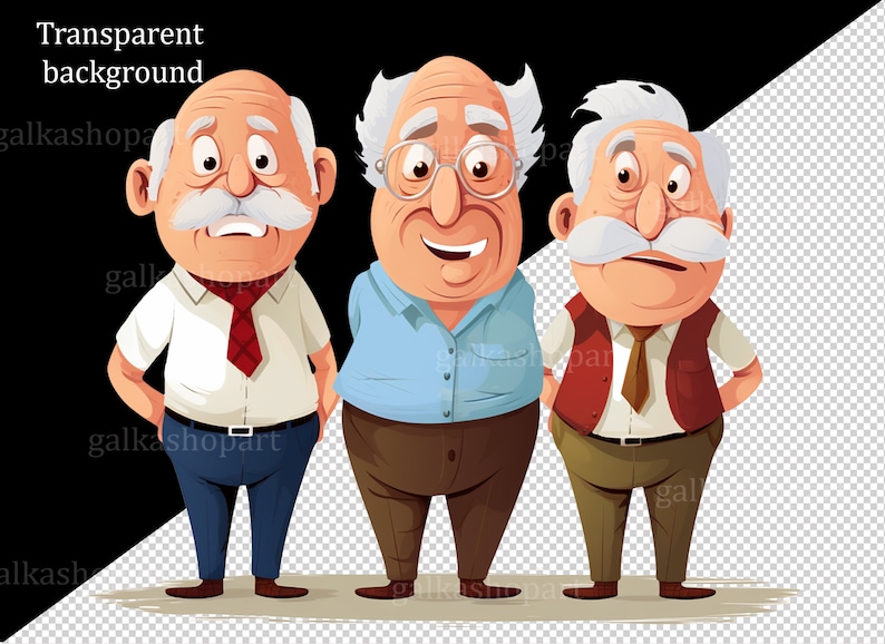 Funny Old man 12 PNG Clipart: Old Aged People, Watercolor Happy men, Cute cartoon grandfather, Gift for Grandpa, Elderly Clip Art set image 3