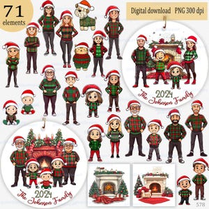 Personalisierte Familie Clipart PNG für Weihnachten Ornament: Anpassbare Mama Papa Kinder Großeltern & Haustiere in Nikolausmützen und karierten Pullovern