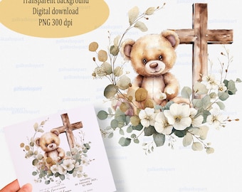 Christening Baptism Naming Day PNG, Neutral Teddy Bear with Cross, Floral Wreath, Watercolor Christian Sublimation Clipart, Keepsake Design