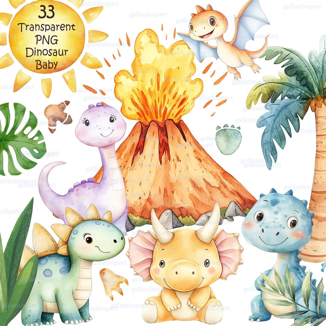 Baby Dinosaur Clipart PNG Set: Pastel Dino Nursery Graphics, Watercolor ...