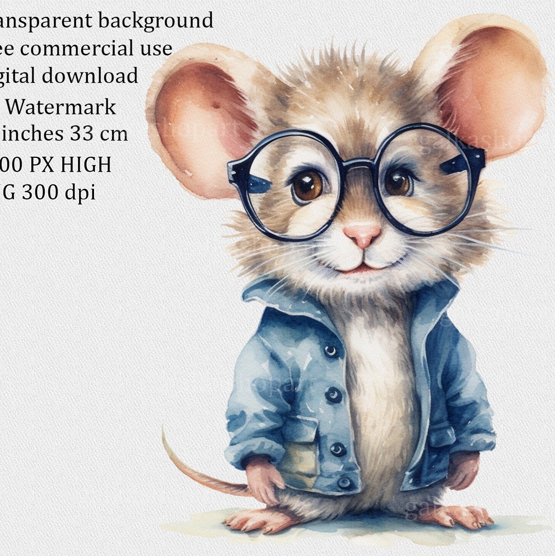 Watercolor Mouse in Glasses Clipart: Adorable Cartoon Image for