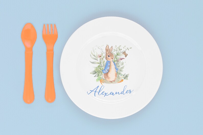 May include: A white ceramic plate with a watercolor illustration of Peter Rabbit in a blue jacket surrounded by green foliage. The plate has the name "Alexander" written in blue cursive.