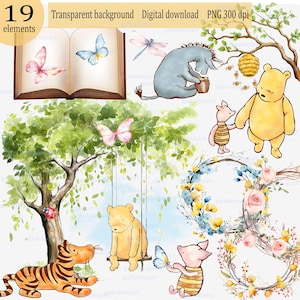 Diseños clásicos de sublimación de Winnie the Pooh, clipart PNG de oso de acuarela, decoración para baby shower y cumpleaños, elementos vintage de Pooh y sus amigos