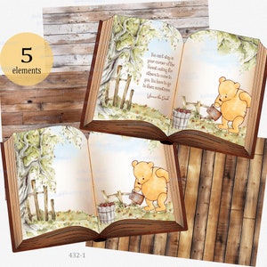 Winnie Puuh im Garten Aquarell Clipart als PNG in Form eines offenen Vintage Buches für die Herstellung von Partyrequisiten: Einladungskarten Willkommensschild