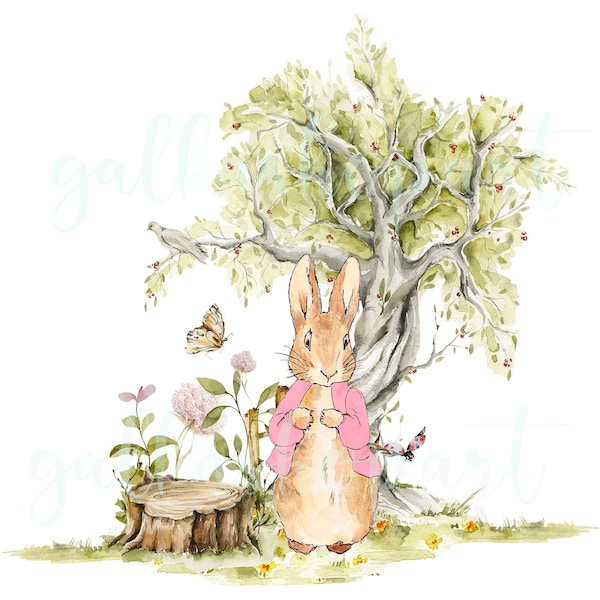 Sublimation design pink Peter Rabbit, Clipart PNG on Transparent, Greenery & Wildflowers, Watercolor painting, Baby Girl Birthday print