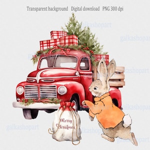 Camión rojo navideño y Peter Rabbit PNG: Conejito de acuarela con bolsa de regalo, sublimación para tarjetas y manualidades, diseño vintage de Beatrix Potter