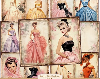 Retro 50s fashion Junk Journal kit: Midcentury picture collage sheets, Printable pages of Vintage Journaling, Women in dresses Illustration