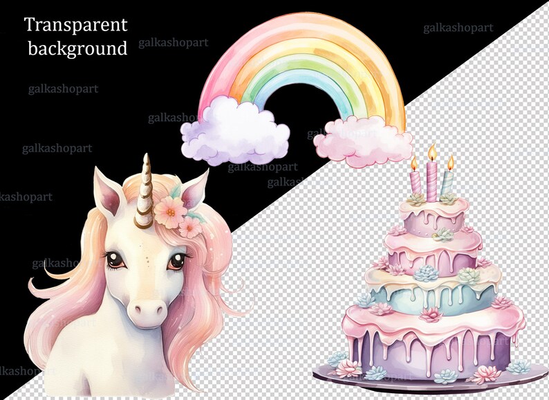 Pastel Unicorn Clipart Set PNG: Watercolor Rainbow Pony, Princess ...