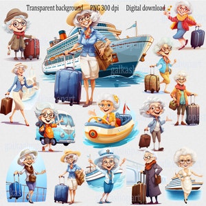 Old Ladies Traveler Clipart PNG: grappige reizende vrouw, leuke cartoon oma met bagage, vrolijke oma, actieve oma op een cruise