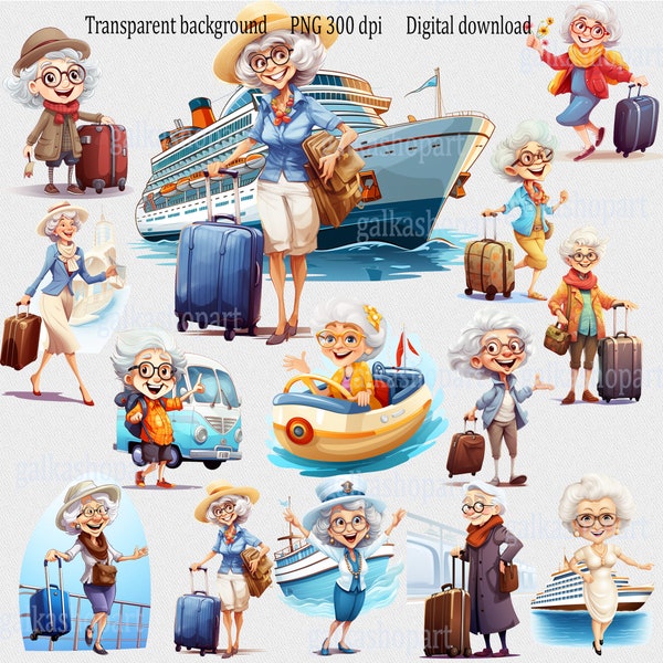 Old Ladies Traveler Clipart PNG: Funny Traveling Woman, Cute cartoon grandmother with luggage, Cheerful Granny, Active Grandma on a cruise