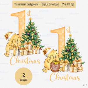 Classic Winnie the Pooh with Christmas tree and gift box sublimation designs PNG: Watercolor clipart bear in gold colors, My First Baby Xmas