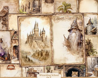 Puede incluir: Un collage de 26 páginas de álbum de recortes de estilo vintage con imágenes de una escuela de magia, un mago, un búho, un gato, un tren y otros elementos mágicos. El texto "Wizarding School 26 Junk Journal Pages" está en la parte inferior del collage.