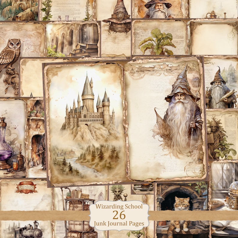 May include: A collage of 26 vintage-style scrapbook pages featuring images of a wizarding school, a wizard, an owl, a cat, a train, and other magical elements. The text "Wizarding School 26 Junk Journal Pages" is at the bottom of the collage.