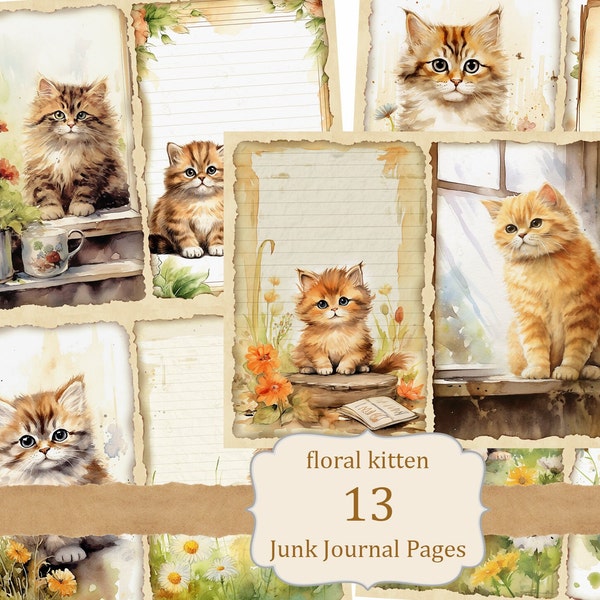 Watercolor Kitten Junk Journal Printable Page, Cat with Wildflowers Illustration Kit, Digital Print Paper, Collage Sheet, Memory Keeping