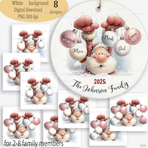 Family Christmas Ornament Clipart – 8 Santa PNG Designs for Personalized Holiday Cards & Decorations (2–8 Members and Pets)