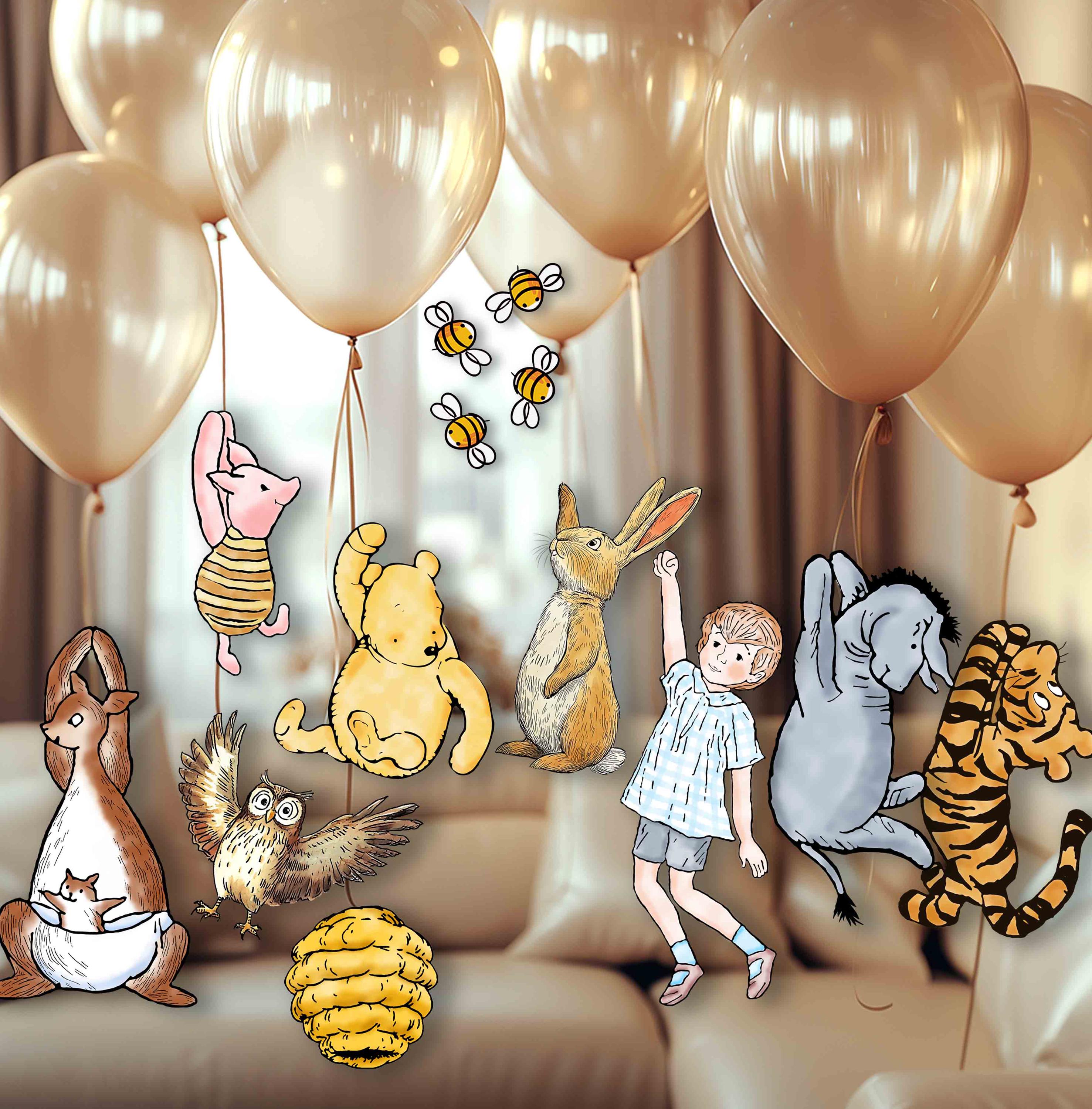 Classic Winnie the Pooh and Friends Holding Balloons: Hanging characters with two sides, DIY cutout prop, Baby party centerpiece decor