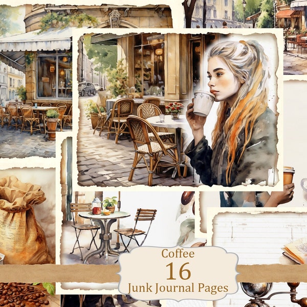 Coffee shop junk journal kit, Watercolor printable page, Vintage Ephemera, Digital illustrations