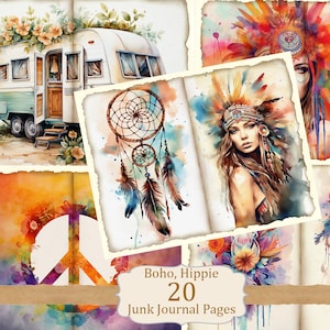 Kit de journal indésirable bohème, pages éphémères imprimables, motif bohème aquarelle numérique, papier hippie, fourniture de journalisme, symbole de paix floral