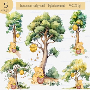 Classico Winnie the Pooh con miele seduto sotto l'alto albero deciduo per decorazioni per feste con stampa e sublimazione, clipart acquerello PNG