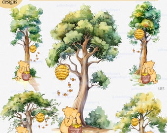 Classic Winnie the Pooh with honey sitting under the tall deciduous tree for sublimation & printing party decors, watercolor clipart PNG
