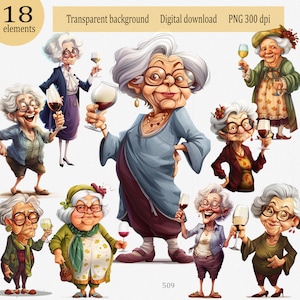 Eine ältere Dame mit einem Drink in der Hand, wackelig und angeheitert. Alte Frauen Clipart. Perfektes humorvolles Bild für Geschenk für einen lebenslustigen Geist