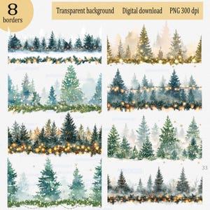 Clipart de bordure de répétition sans couture de Noël aquarelle PNG : cadre de pins de Noël, guirlande de neige et de lumières ; Conception d'hiver par sublimation