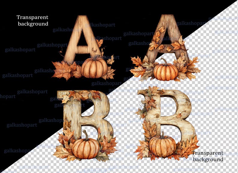 Fall B Fall Alphabet Clipart Set: Rustic Wood Letter PNG Bundle With Pumpkins ...