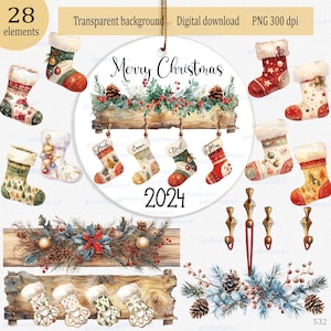 Clipart personnalisé d'ornement de Noël familial PNG pour sublimation : conception de bas pour animaux de compagnie, ajoutez votre propre nom, image aquarelle de chaussette de Noël