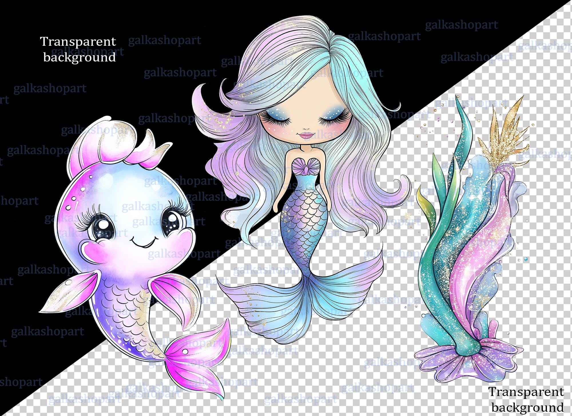 Mermaid Clipart PNG Bundle, Watercolor Ocean Princess Characters ...