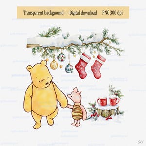 Clásico Winnie the Pooh y Piglet con tazas de chocolate caliente y rama de árbol de Navidad con adornos de medias: PNG clipart Cerdo oso vintage