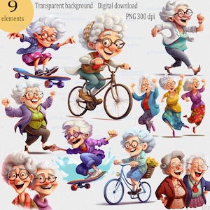 Imágenes prediseñadas de ancianas alegres, hombres mayores activos, mujeres bailando, linda abuela de dibujos animados en bicicleta, abuela divertida en patineta, regalo de abuela