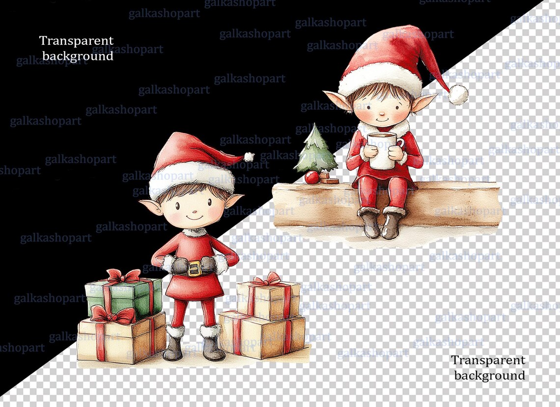 Watercolor Christmas Elf Clipart PNG: Red Santa's Helpers With Shelf ...