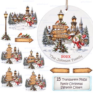 May include: A round white ceramic Christmas ornament featuring a winter scene with a snowman, a street lamp, wooden signposts labelled Olivia, Elliot, and Oliver, and the text 202X The Johnson Family, accompanied by various digital clipart elements.
