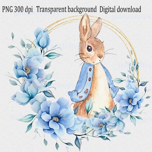 Peter Rabbit em flores azuis e guirlanda de folhagens Clipart PNG: Aquarela Flopsy Bunny, Cartão de convite, Design de sublimação em Transparente