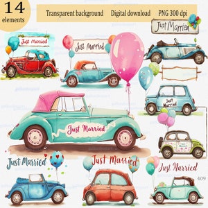 Voiture de mariage romantique PNG : impression de voiture Just Married, clipart aquarelle couple, conception de carte de félicitations, cabriolet rétro avec fleur et ballon