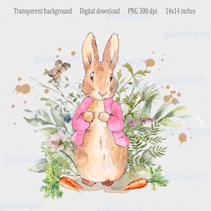 Peter Kaninchen Garten Design, Frühling Wildblumen Wiese, Vintage rosa Kaninchen Sublimationsgrafik, PNG Clipart, Aquarell Kinderzimmer Dekor Wandkunst